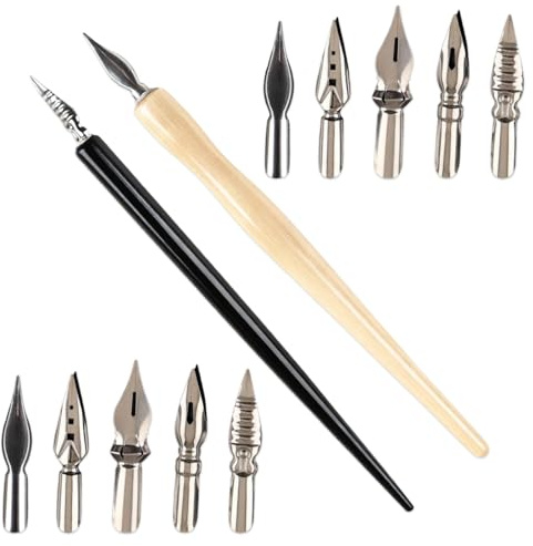 ZORVYN Set de stylos de calligraphie, 2 pièces, Lot avec 10 pointes, Stylo trempé, Porte plume en bois, Idéal pour les artistes et caricaturistes, Pour écrire, dessiner et créer des cartes de vœux
