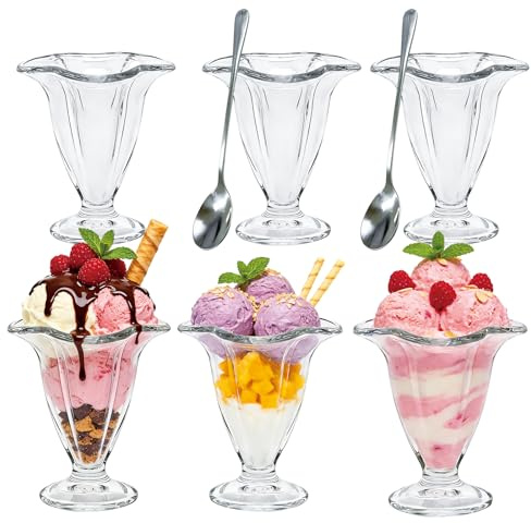 Flrolove 6 Pack Glass Footed Dessert cups, 6oz Tulip Sundae Glasses, Clear Milkshake Glasses Old Fashioned Ice Cream Bowls Set for Sherbet Trifle, Fruit, Smoothie, Snack, Cocktail, Pudding