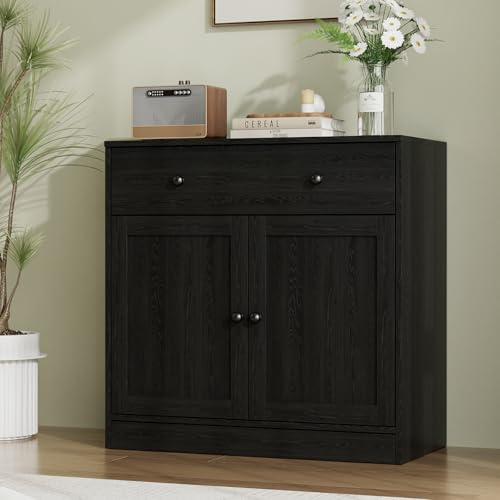 VOWNER Sideboard mit Schubladen, Kommode mit 2 Türen, Küchenschrank mit Arbeitsplatte, Buffetschrank, TV Board, Aufbewahrungsschrank für Wohnzimmer Schlafzimmer, 40 x 80 x 80 cm (Schwarz, 1PCS)