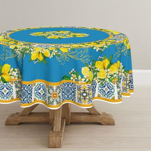 Artoid Mode Tovaglia estiva bohémien, vintage, limone, floreale, rotonda, 140 cm, stagionale, antimacchia, biancheria da tavolo, decorazione per feste