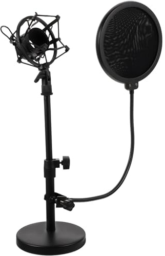 Metal Microphone Shelf Stand Tabletop with Adjustable Mic Clip | Black Finish, Vibration Reduction Support, Mic Filter and Pop Filter for Radio Broadcasting
