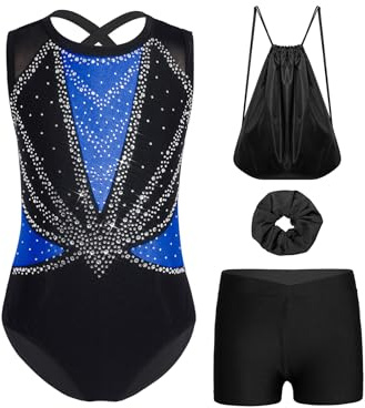 Miutii 4Pcs Mädchen Turnanzug Glitzer Gymnastikanzug mit Shorts Haarband Rucksack Ärmellos Ballettanzug Wettbewerb Tanzkostüm