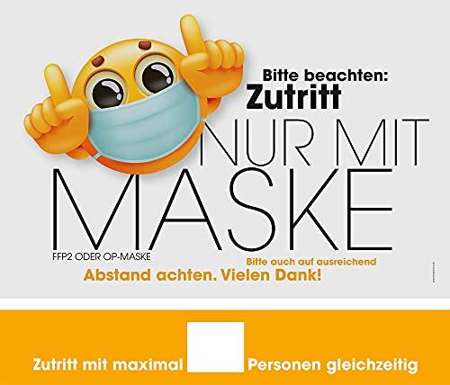 Hinweisschilder Maskenpflicht Abstand halten Motiv Smiley 30 x 20 und 30x5 cm Kunststoff