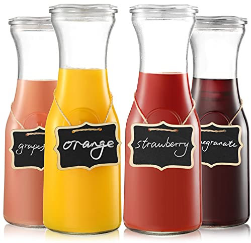 NETANY Set of 4 Glass Carafe with Lid, 1 Liter Beverage Serveware Carafe, Clear Glass Pitcher for Mimosa Bar, Brunch, Cold Water, Juice, Milk, Iced Tea, Lemonade