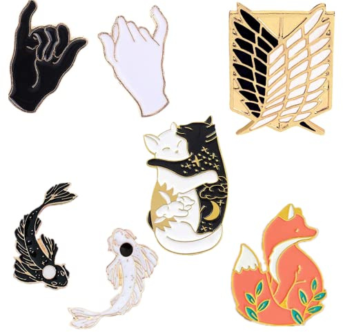 XHBTS 7 Set Schwarze und Weiße Fischbrosche, Süße Emaille Brosche Pins - Katzen Umarmung Cartoon Pin, Pinky Promise BFF Anstecknadeln
