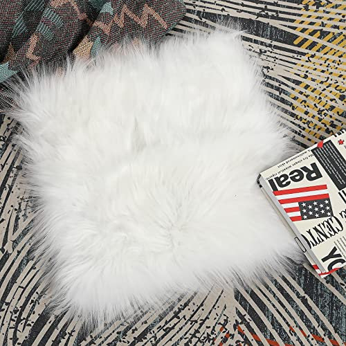 Sibba Faux Fur Area Rugs Chair Pad 12 inch Small Square Cover Seat Fuzzy Cushion Carpet Mat Soft Fluffy Rug Couch for Living Bedroom Sofa Photographing Background Decor (White)