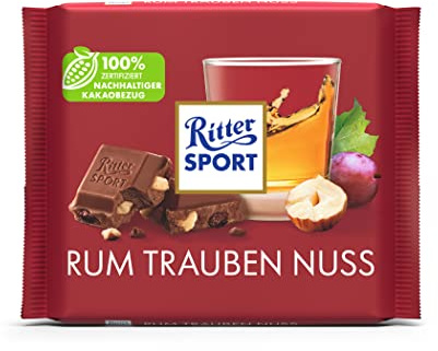 Nuevo diseño: RITTER SPORT Rum Uva Nuez 100 g, chocolate con leche entera con ron de Jamaica real, uvas afrutadas y trozos de nueces, chocolate con aroma a ron para disfrutar del Caribe