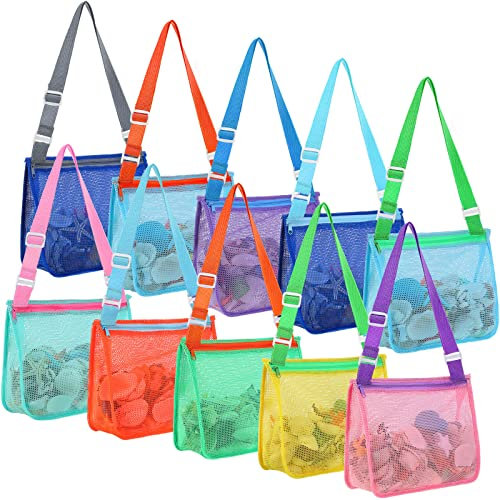 10 Pcs Beach Toys Mesh Beach Bag Kids Sand Toys Bags Travel Toys Shell Collecting Bag with Zipper Seashell Bag with Adjustable Straps Swimming Accessories for Boys and Girls Holding Shells, 10 Colors