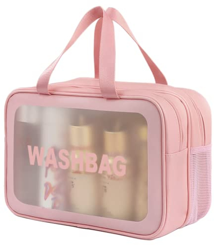 SZDPC stor necessär dam och herr, resa necessär med bärhandtag, matt genomskinlig duschväska, Rosa-XL, Matt genomskinlig
