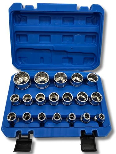 Juego 19 vasos de 12 caras 1/2 + maletin medidas: 8 9 10 11 12 13 14 15 16 17 18 19 20 21 22 24 27 30 32mm Herramientas de para Profesionales y Aficionados.