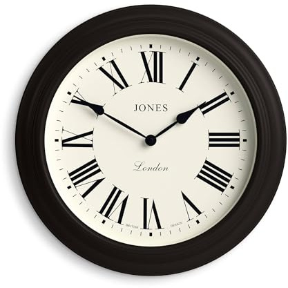 Jones Clocks® Supper Club wall clock | Large classic round clock | 40cm | Black | Roman numerals | Traditional design ideal for kitchen or living room