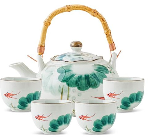 Blume Porzellan Tee Set, Chinesisches Gongfu-Tee-Set, Japanisches Teeservice Porzellan Tee-Set mit Teekanne und 4 Teetasse Set, Grünes Lotus-Muster, Asiatisches Teeset für Büro, Sammler, Oolong tee