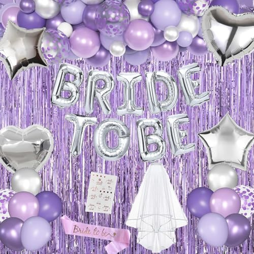 Lavender Bachelorette Party Decorations Set- Purple Bridal Shower Decorations Engagement Wedding Party Decor with Bride To Be Sash, Veil, Temporary Tattoos, Confetti Balloons Pack and Fringe Curtain