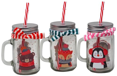 Blue Whale Gifts Christmas Mason Jar Drinking Glasses Lid & Straw - Festive Animals - Set of 3