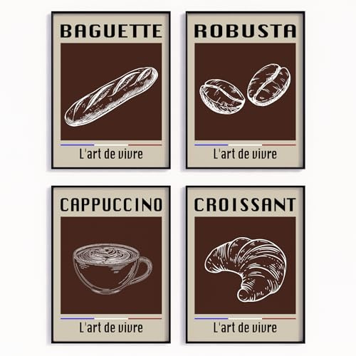 MJ-GRAPHICS® 4er Poster Set Barista Bilder Kaffee Croissant Wanddeko Cappuccino Bild Vintage Küche A4 – Ohne Rahmen