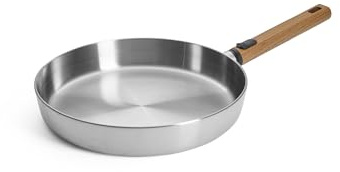 Woll - Logic Steel Flachpfanne - Induktiv -, Ø 28 cm, 5 cm hoch mit abnehmbarem nachhaltigem Holzstiel - Geeignet für alle Herdarten