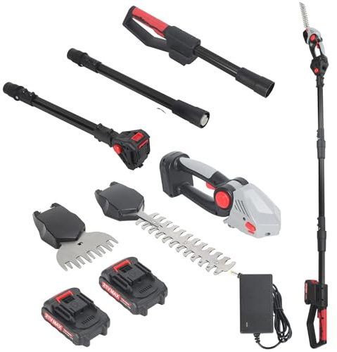 Taille Haie Batterie à 2-en-1 21V Mini Pole, Taille Haie avec Perche d'Extension, Tailles Haies Telescopique, Tailles Haies Electrique Réglable Multi-Angles, Batterie et Chargeur Inclus (Noir)