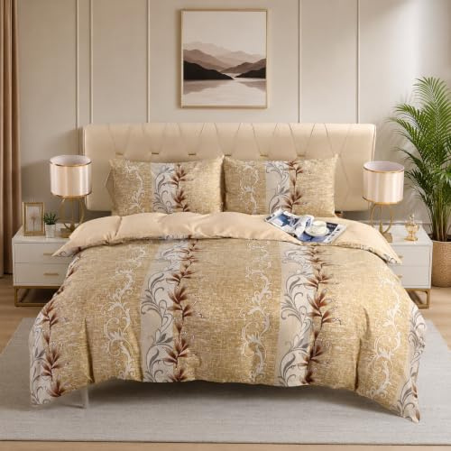 Textile Home Home Décor Beige Floral Double Bedding Set 4 Piece - Soft Microfibre Duvet Cover, Fitted Sheet & 2 Pillowcases
