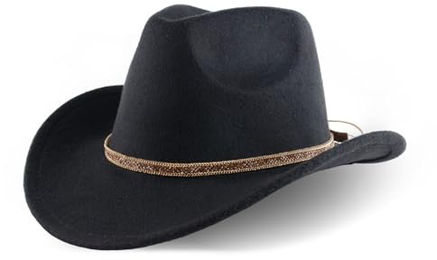 SANDERLA Unisex Cowboyhut aus Filz mit breiter Krempe und Band, Jeanshut für den Outdoor-Western-Stil, Accessoires für Damen und Herren (Schwarz)