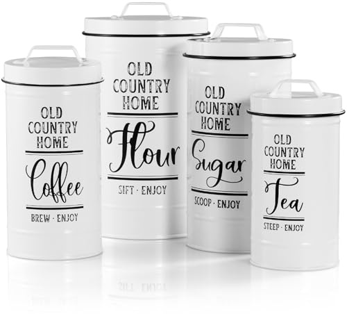Bivvclaz Canisters Sets for the Kitchen, Airtight Kitchen Canisters for Countertop, Flour and Sugar Containers, Tea Coffee Sugar Canister Set, Coffee Bar Decor and Accessories, Set of 4, White