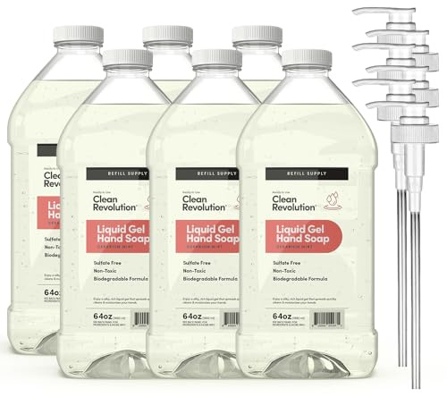 Clean Revolution Liquid Gel Hand Soap 64oz Refill Supply Container (6-Pack) + 6-Pack Pumps. Ready to Use Formula. Geranium Mint Fragrance.