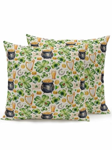 Waterproof Outdoor Throw Pillows with Inserts 18x18 2PCS,St. Patrick's Day Soft Decorative Pillowcases for Couch Bedroom,Lucky Shamrocks Retro Harp Beer Horseshoes Pillow Covers for Sofa Living Room