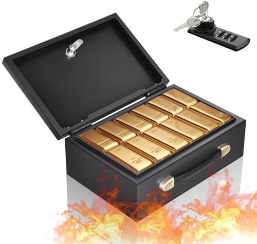 Tragbarer Feuerfeste Dokumentenbox Tresor Feuerfest mit Zahlencode und 2X Schlüssel, 32.5×21.3×11.4cm Kleiner Tresor für Zuhause mit Griff für Bargeld Medikamente A4 Dokumente