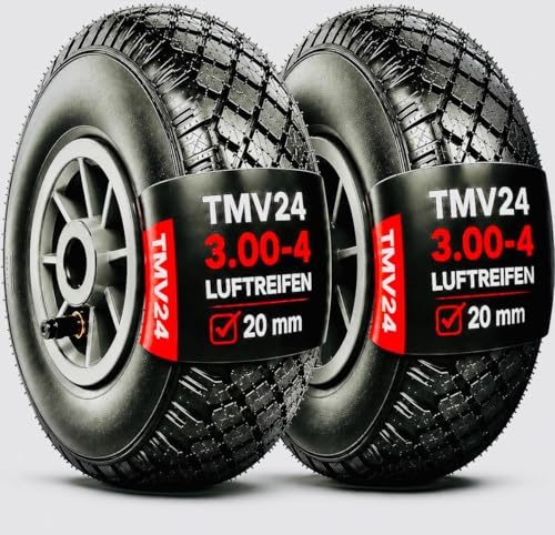 TMV24® 2X Sackkarrenrad Luftrad 3.00-4, 260x85, Nabe Ø20×75, Reifen mit Schlauch & Rad Sackkarre Bollerwagen Luftreifen Ersatzrad Sackkarren Räder Rollenlager Kugellager Winkelventil Schwarz/Grau, L