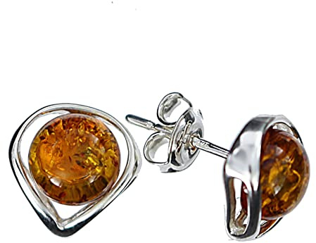 Bernstein Ohrringe, kleine herzförmige Ohrstecker mit Bernstein, gefasst in 925/000 Sterling Silber rhodiniert von Artisana-Schmuck