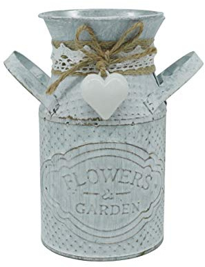 CVHOMEDECO. Primitives Vintage Mini Krug Vase Metall Milchkanne mit gebundenem Herzen, schicker rustikaler Blumentopf für Garten und Wohnkultur. 12,7 x 7,6 x 14,6 cm