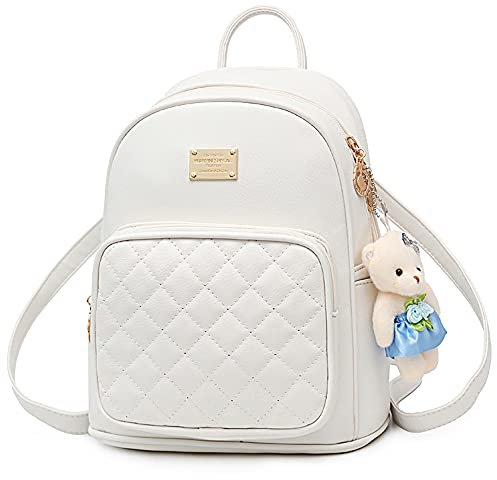 zhongningyifeng Backpack Purse for Women Small Girl Mini Daypack PU Leather Improved Cute Waterproof with Bear Doll (White)