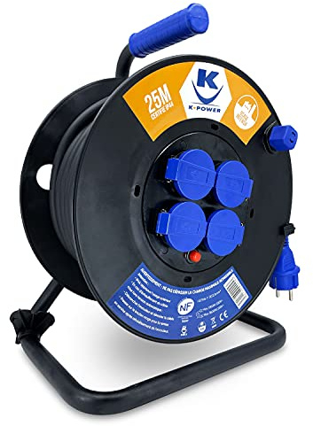 K•Power – Kabeltrommel, elektrisch, Querschnitt 3 G2,5 mm², H07RNF 16 A, 4 Steckdosen IP44, Thermoschutzschalter, Tragegriff, Verlängerungskabel ... (25 m 3G2,5)