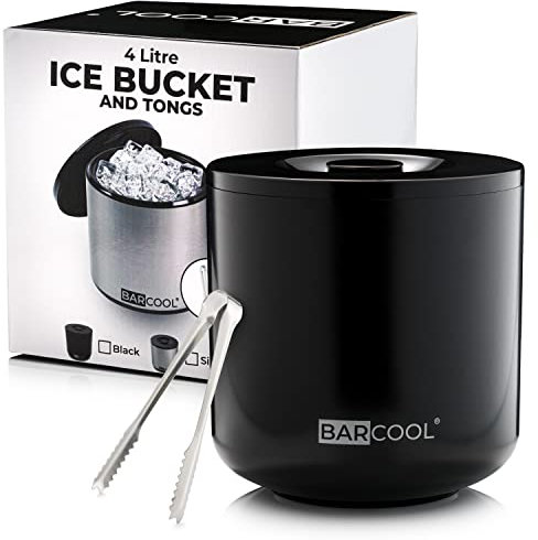 Barcool Ice Bucket with Lid and Ice Tongs | 4 Litre | Round & Double Walled Insulation | Perfect for Home Bars, Pubs, Restaurants, BBQs and Picnics (Black)