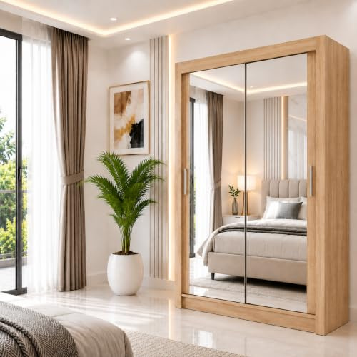 IE INTERIOR EMPORIUM Milan Full Mirror Double Sliding Door Wardrobe (or three in the 250cm size) With Shelves, Hanging Rails and LED Light in 6 Sizes & 4 Colors (120cm, Oak/Sonoma)