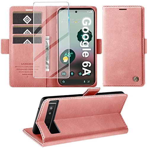Giyer Handyhülle für Google Pixel 6A Hülle mit Schutzfolie, Pixel 6A mit Standfunktion Kartenfach Wallet Premium Leder Schutzhülle Pixel 6A 5G Flip Case Cover Stoßfeste Klapphülle (rosa)