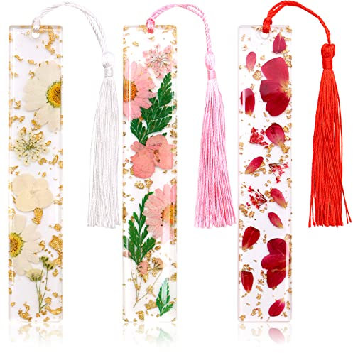 3 Gepresste Blumen-Lesezeichen, Scettar Klare Blumen-Lesezeichen aus Harz, Personalisierte Lesezeichen mit Quasten für Lehrer, Schüler, Leser, Geburtstagsgeschenke, Weihnachtsgeschenke