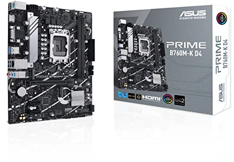 ASUS PRIME B760M-K D4 Intel® B760 (LGA 1700) (13:e och 12:e generationen) mATX moderkort, PCIe 4.0, två PCIe 4.0 M.2-kortplatser, DDR4, Realtek 2.5Gb Ethernet, HDMI®, SATA 6 Gbps, främre USB 3.2 Gen 1