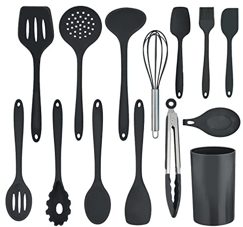 Herogo Küchenhelfer Set, 14 teiliges Silikon Kochgeschirr Küchenutensilien Set mit Utensilienhalter, Hitzebeständiger Kochutensilien Kochbesteck Küchenset, Spülmaschinenfest, Schwarz