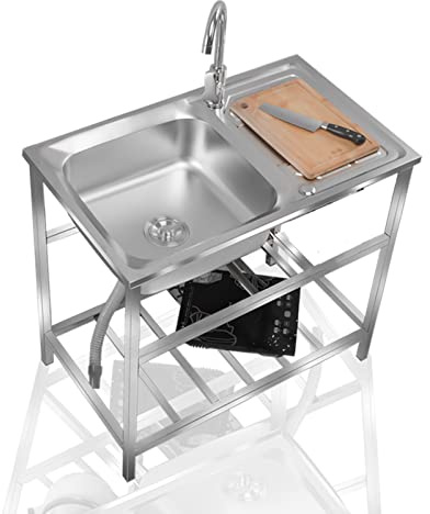 Fregadero Portatil con Banco de Trabajo de Cocina Comercial, Acero Inoxidable Independiente Con Agua Fria y Caliente Grifo, para Garaje, Jardín, Cocina, Lavadero