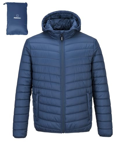 Outdoor Ventures Mens Puffer Jacket Lightweight Water Resistant Hooded Jacket Insulated Puffy Coat Winter Packable Men's Jacket with Pockets for Hiking Camping Travelling Navy Blue M