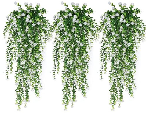 RECUTMS Artificial Hanging Plants Fake Hanging Plant Faux Eucalyptus Leaf Greenery Vine Outdoor UV Resistant Plastic Plants Home Garden Wedding Party Indoor Outdoor Decorations(White)