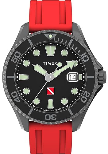 Timex TW2W21000 Deep Water Automatic Herren-Armbanduhr, 43 mm, schwarzes Zifferblatt, Rotguss-Gehäuse, rotes, zweiteiliges, Synthetisches Kautschukarmband mit Schnellverschluss
