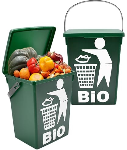 2er Set Bio Mülleimer 5L - Biomüll Behälter mit Deckel - Grün - Bioeimer klein für Küche - Abfalleimer Komposteimer Bioabfall