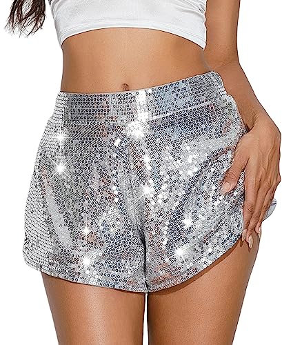 Damen Short mit Pailletten Glitzer Shorts Sexy Hotpants Damen Sequin Shine Glitter Shorts High Waist A-Linie Sparkly Party Hotpants Sexy Nachtclub Karneval Clubwear