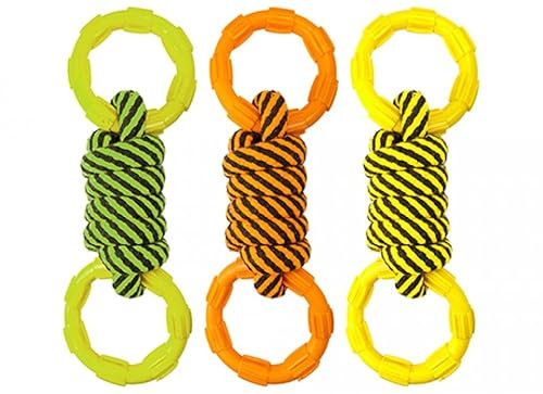 Rope Tugger with Rings Dog Toy, 1 Pc. - Vibrant Assorted Green, Orange, Yellow Colors, Timeless Tug-Of-War Fun for Pets