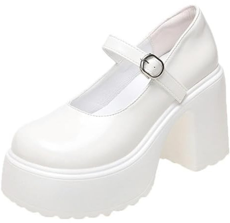 Classic Fashion New Chunky Platform Mary Jane Shoes Women Patent Leather High Heels Pumps Woman Sweet Thick Heel Party Shoes Female Beige