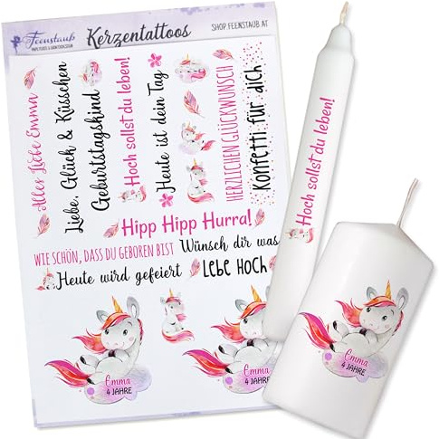 FEENSTAUB Kerzentattoos Geburtstag, personalisierbare Transferfolie für Kerzen, Kerzen Tattoos für den Geburtstag, Geburtstagskerzen selber gestalten, Kerzenfolie Geburtstag Einhorn