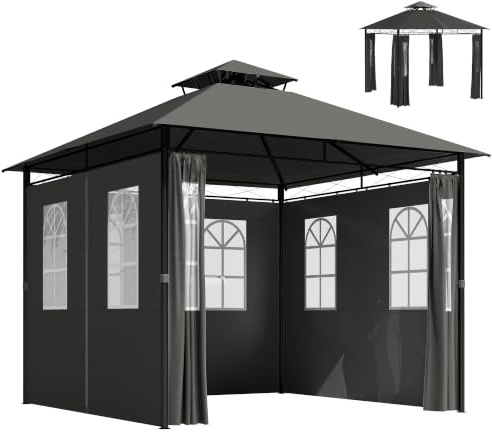 Outsunny Pavillon 3 x 3 m Gartenzelt mit Seitenwand Metall Dunkelgrau | UV50+ Partyzelt mit Doppeldach, Wetterfest Festzelt, Gartenpavillon, für Balkon, Terrasse