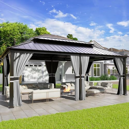 UDPATIO 3,65 x 6 m trädgårdspaviljong vattentät stabil vintersäker hård topp paviljong, galvaniserat stål, dubbeltak aluminium paviljong med myggnät och gardiner för trädgård, terrass, gräsmatta, grå