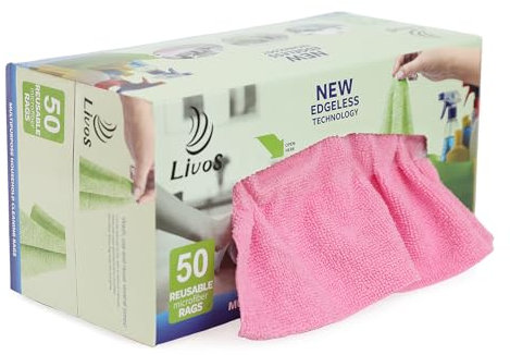 LIVOS 50 Pack Microfiber Cleaning Cloth in Box, Reusable Cleaning Rags, 11.5x11.5, Edgeless Microfiber Wipes, Lint Free, Absorbent Shop Towels for Kitchen, Car, Glass (Pink)